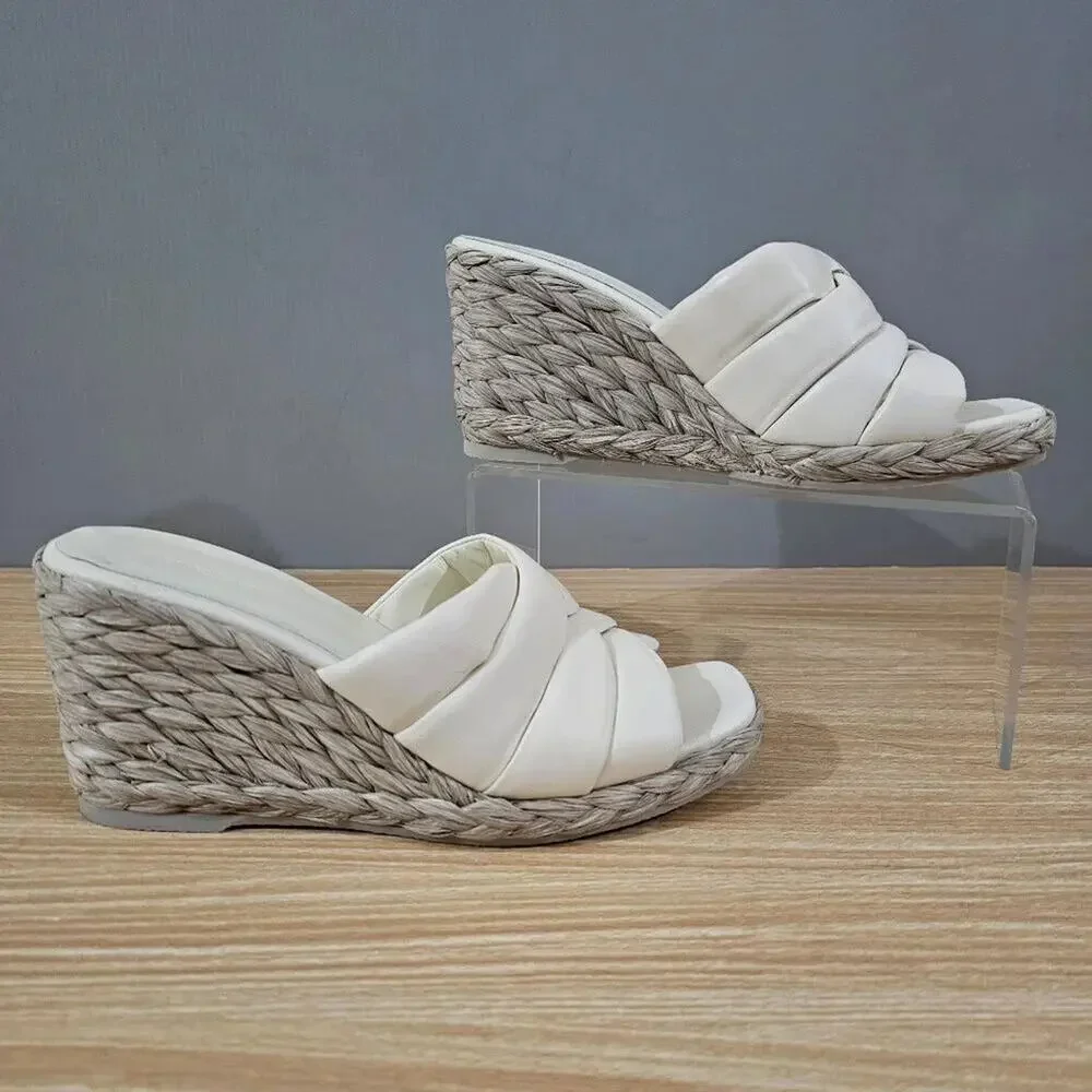 NEW Vince Gilian Woven Espadrille Wedge Sandal Marble Cream Size 8